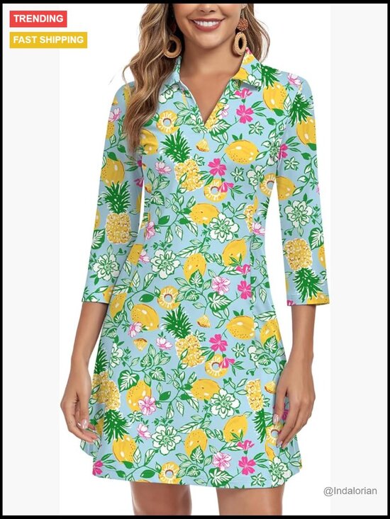 Dresses & Skirts - 3/4 Sleeve V Neck Dress with Pockets UPF 50+ Quick Dry Sun Dress